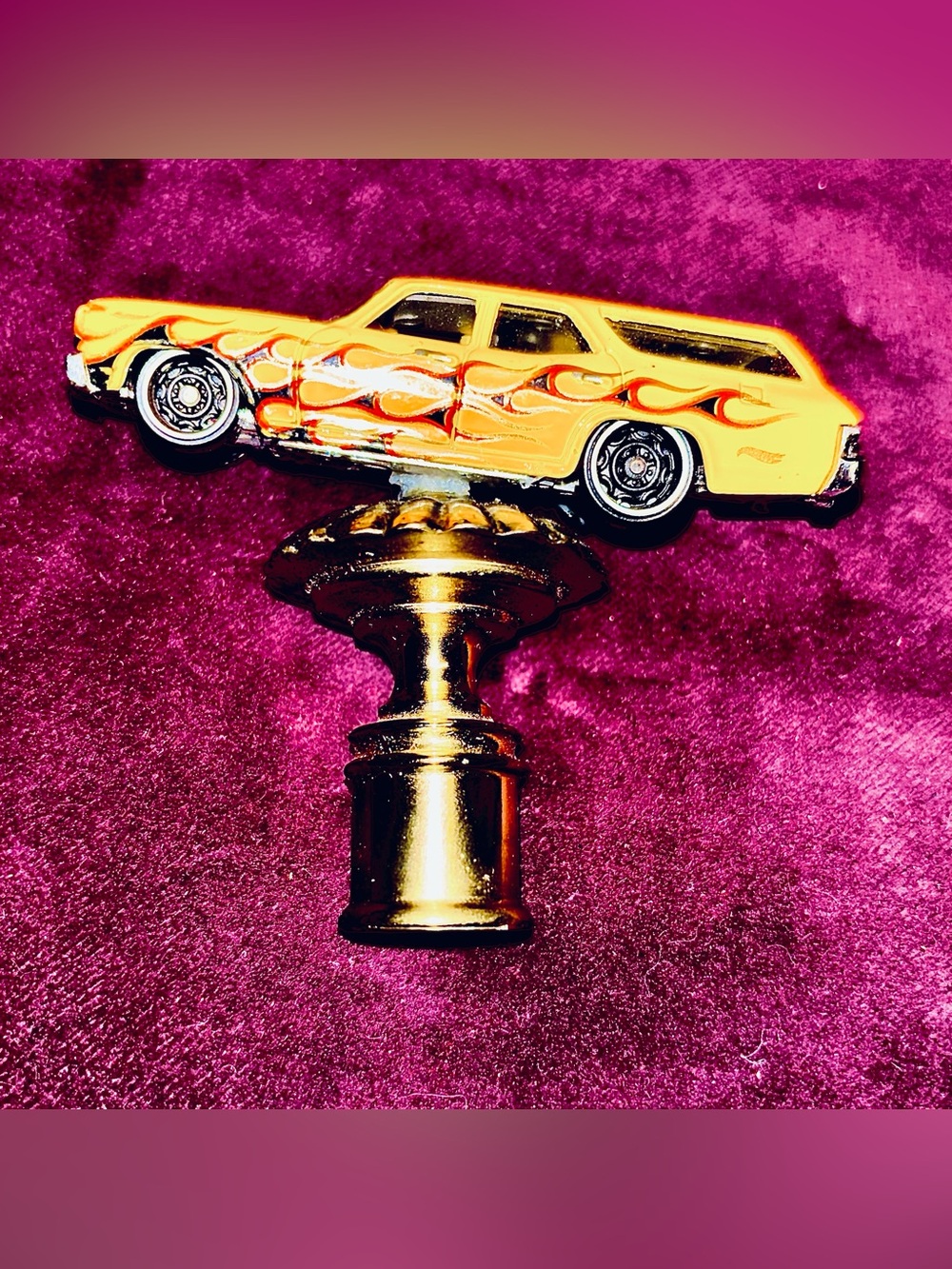OAK hot wheels yellow stationwagon with flames CUSTOM LAMP TOPPER